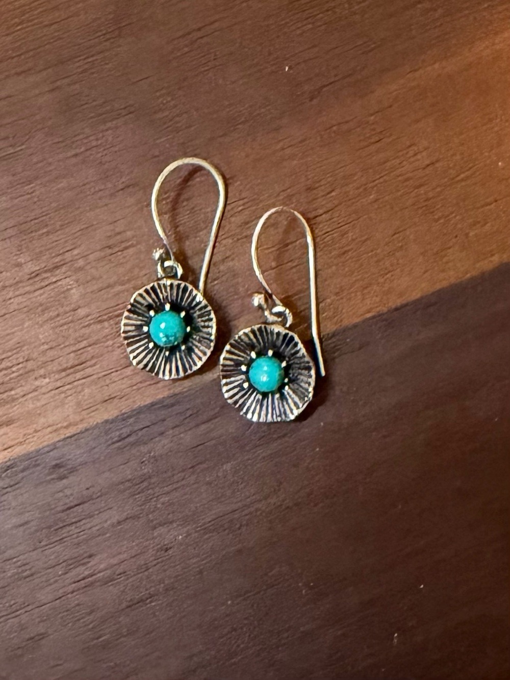 Artisan Sterling Silver Turquoise Sunburst Dangle Earrings Southwestern Boho